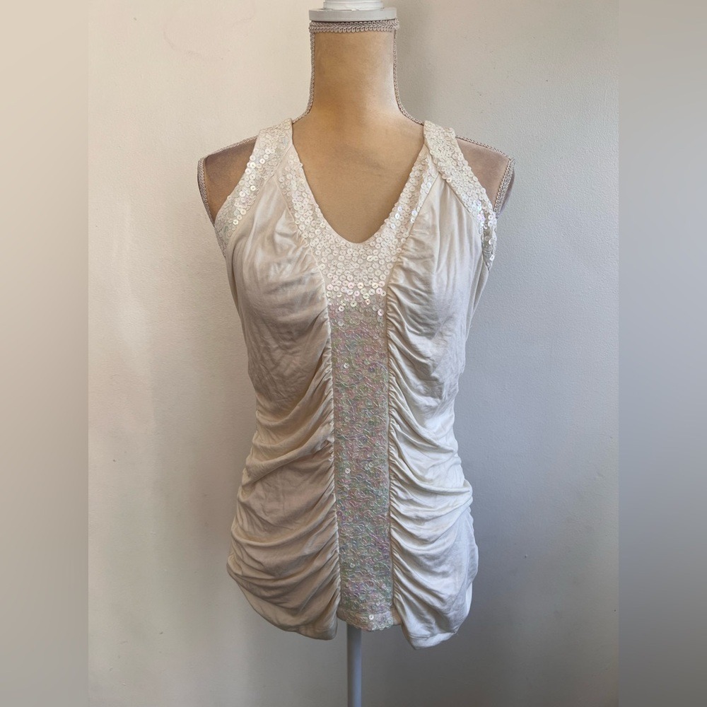 Worthington Cream Ruched Sequin Trim Tank Top V-Neck Sleeveless Blouse Large